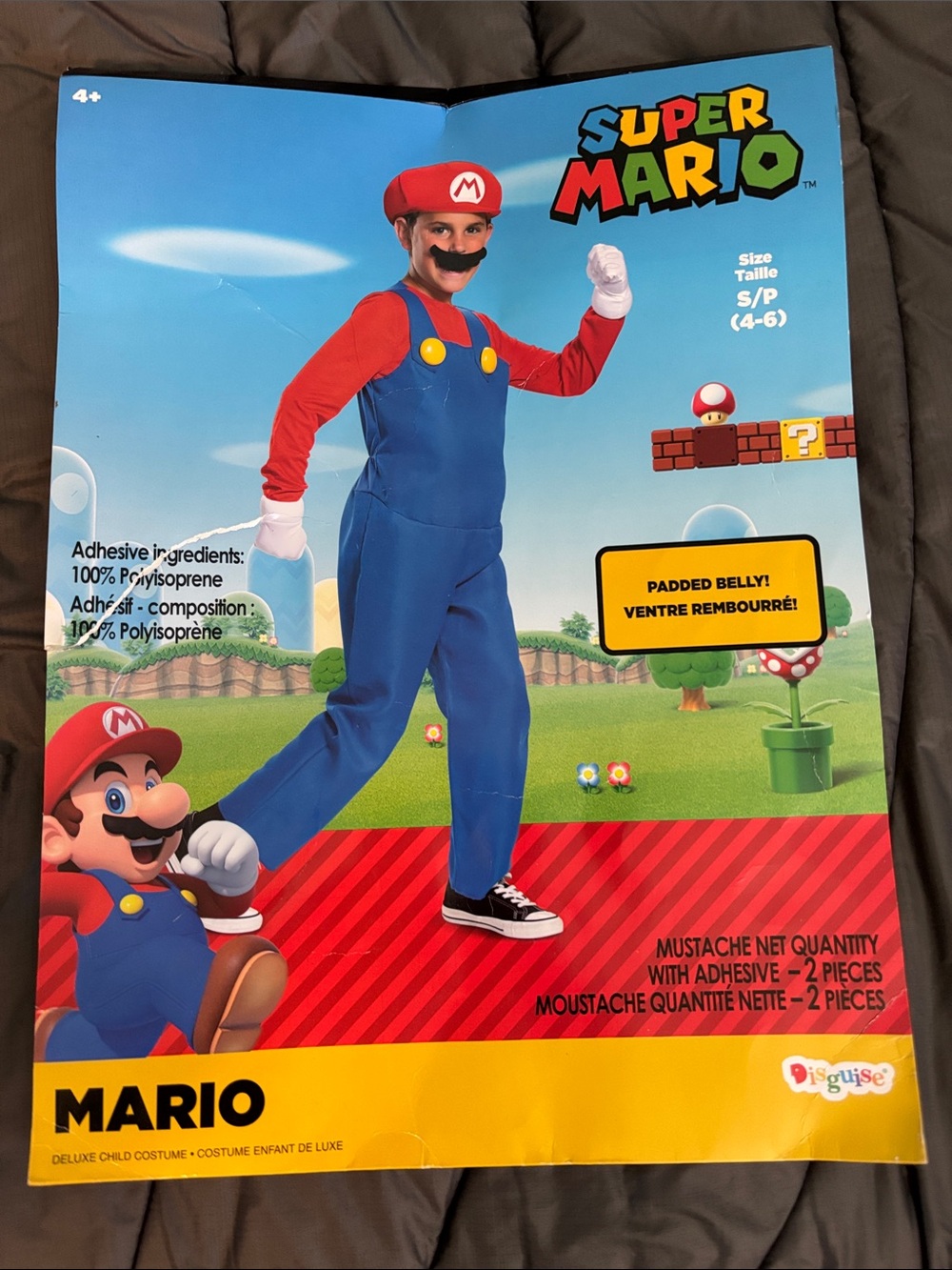 Super Mario Kids Costume with Padded Belly Stick On Mustaches Size S 4-6 Good
